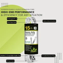 GoGreen Power 15' Extension Cord, 3-Outlet, 16 AWG, White (GG-19615)