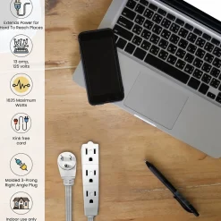 GoGreen Power 15' Extension Cord, 3-Outlet, 16 AWG, White (GG-19615)