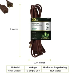 GoGreen Power 20' Extension Cords, 3-Outlet, 16 AWG, Brown, 3/Pack (GG-24820-3)