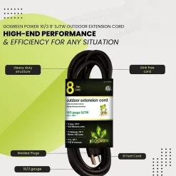 GoGreen Power 8' Indoor/Outdoor Extension Cord, 16 AWG, Black (GG-13708BK)