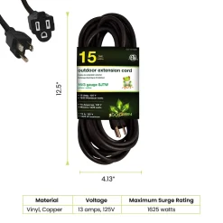 GoGreen Power 15' Indoor/Outdoor Extension Cord, 16 AWG, Black (GG-13715BK)