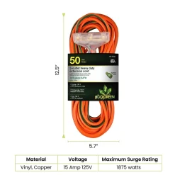 GoGreen Power 50' Indoor/Outdoor Extension Cord, 3-Outlet, 14 AWG, Orange (GG-15150)