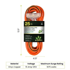 GoGreen Power 25' Indoor/Outdoor Extension Cord, 3-Outlet, 14 AWG, Orange (GG-15125)