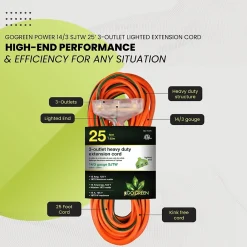 GoGreen Power 25' Indoor/Outdoor Extension Cord, 3-Outlet, 14 AWG, Orange (GG-15125)