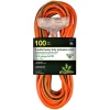GoGreen Power 100' Indoor/Outdoor Extension Cord, 3-Outlet, 14 AWG, Orange (GG-15100)