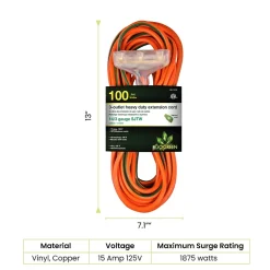 GoGreen Power 100' Indoor/Outdoor Extension Cord, 3-Outlet, 14 AWG, Orange (GG-15100)