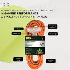 GoGreen Power 100' Indoor/Outdoor Extension Cord, 3-Outlet, 14 AWG, Orange (GG-15100)
