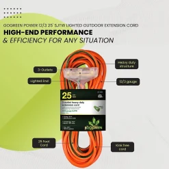 GoGreen Power 25' Indoor/Outdoor Extension Cord, 3-Outlet, 12 AWG, Orange (GG-15225)