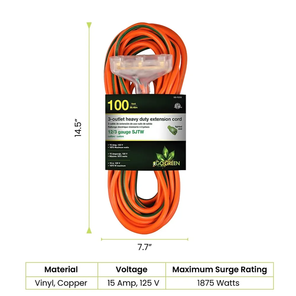 GoGreen Power 100' Indoor/Outdoor Extension Cord, 3-Outlet, 12 AWG, Orange (GG-15200)