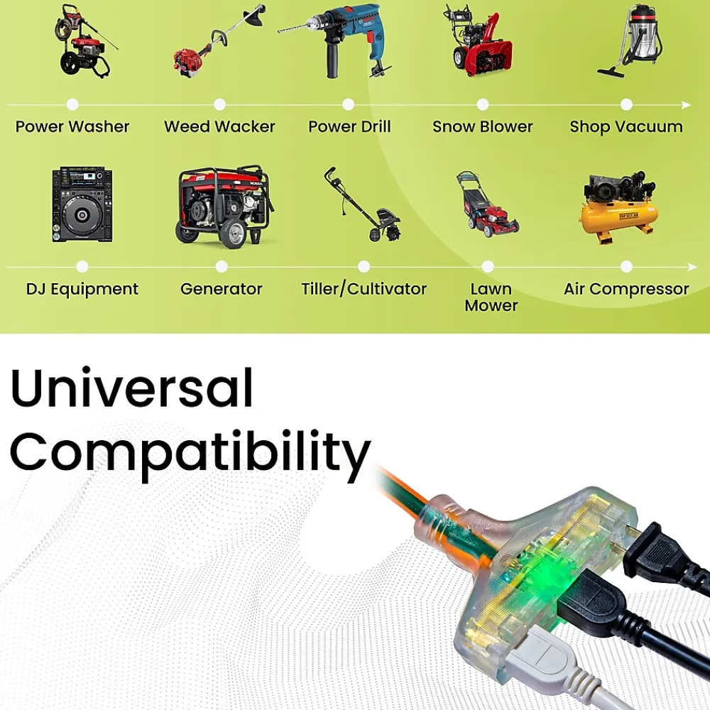 GoGreen Power 100' Indoor/Outdoor Extension Cord, 3-Outlet, 12 AWG, Orange (GG-15200)