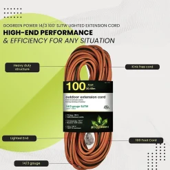 GoGreen Power 100' Indoor/Outdoor Extension Cord, 14 AWG, Orange (GG-13800)