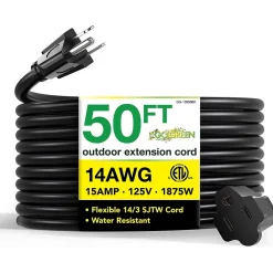GoGreen Power 50' Indoor/Outdoor Extension Cord, 14 AWG, Black (GG-13850BK)