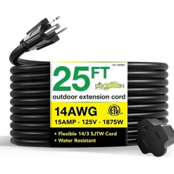 GoGreen Power 25' Indoor/Outdoor Extension Cord, 14 AWG, Black (GG-13825BK)