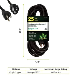 GoGreen Power 25' Indoor/Outdoor Extension Cord, 16 AWG, Black (GG-13725BK)