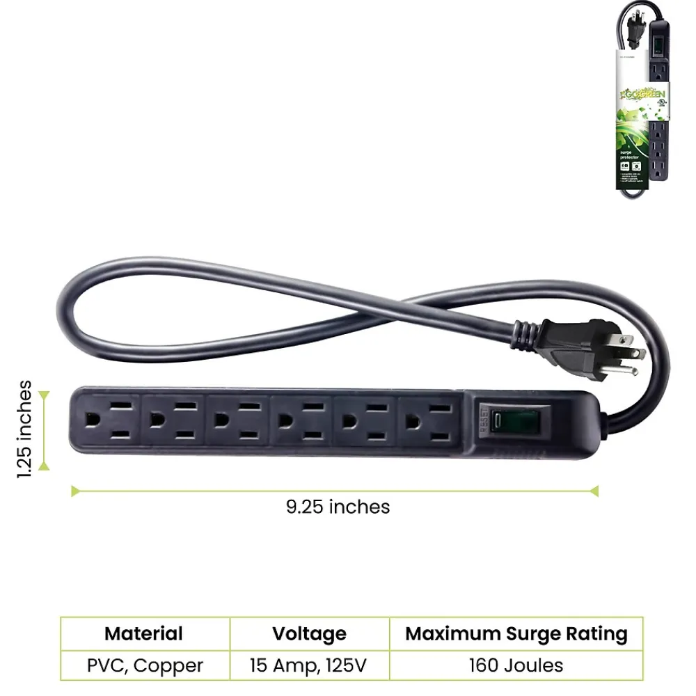 GoGreen Power 6 Outlet Mini Surge Protector, 2' cord, Black (GG-16103MINBK)