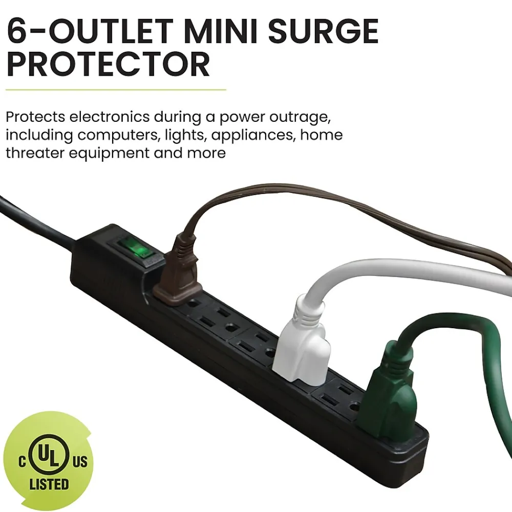 GoGreen Power 6 Outlet Mini Surge Protector, 2' cord, Black (GG-16103MINBK)