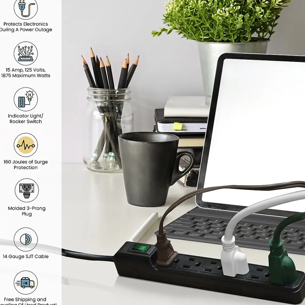 GoGreen Power 6 Outlet Mini Surge Protector, 2' cord, Black (GG-16103MINBK)