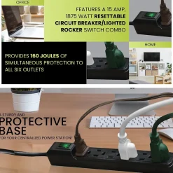 GoGreen Power 6 Outlet Mini Surge Protector, 2' cord, Black (GG-16103MINBK)