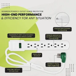 GoGreen Power 6 Outlet Surge Protector, 2.5' Cord, White (GG-16103MS)