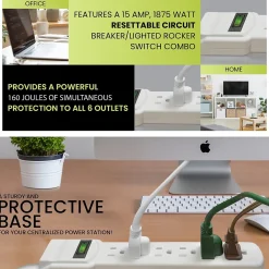 GoGreen Power 6 Outlet Surge Protector, 2.5' Cord, White (GG-16103MS)