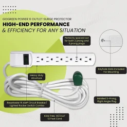 GoGreen Power 6 Outlet Surge Protector, 12' cord, White (GG-16103M-12)