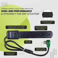 GoGreen Power 2.5' Surge Protector, 6 Outlet, Black (GG-16103MSBK)