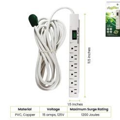 GoGreen Power 15' Surge Protector, 6 Outlets, White (GG-16315-15)