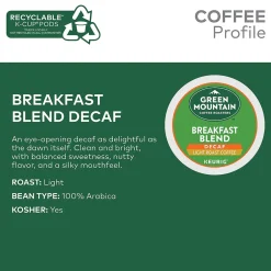 Green Mountain Breakfast Blend Decaf Coffee Keurig® K-Cup® Pods, Light Roast, 96/Carton (7522)
