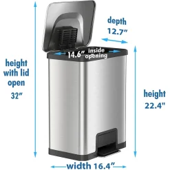 AirStep Stainless Steel Rectangular Step Pedal Trash Can with AbsorbX Odor Control System, 13 Gal., Silver (TR13SS)<Halo New