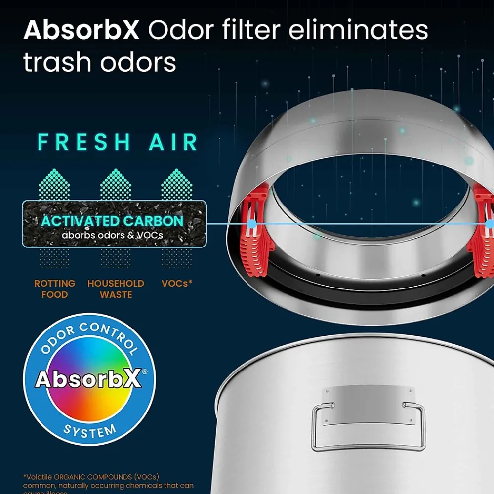 Stainless Steel Round Open Top Trash Can with Dual AbsorbX Odor Control System, Silver, Silver, 13 Gal. (OT13STR)<Halo Best