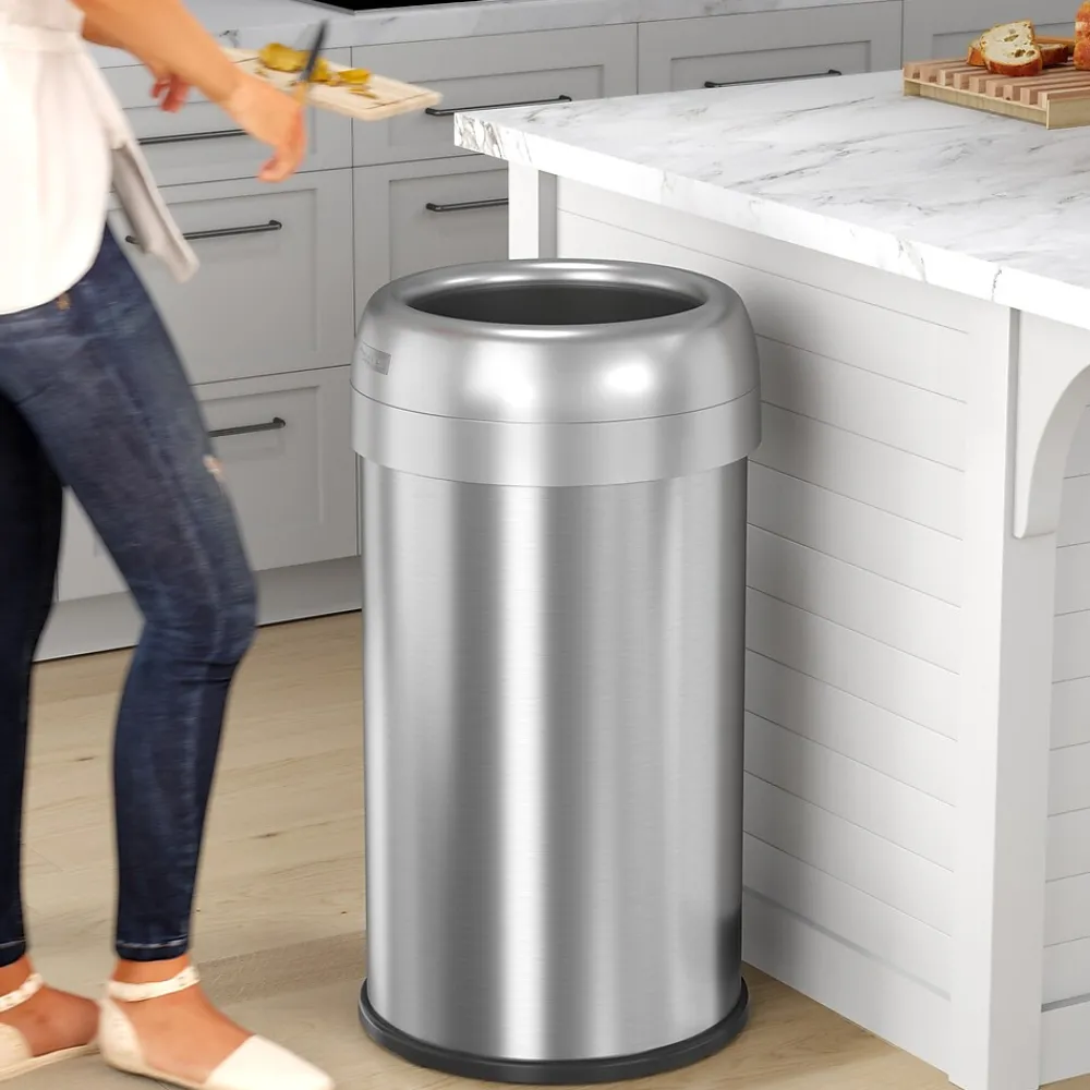 Stainless Steel Round Open Top Trash Can with Dual AbsorbX Odor Control System, Silver, Silver, 13 Gal. (OT13STR)<Halo Best