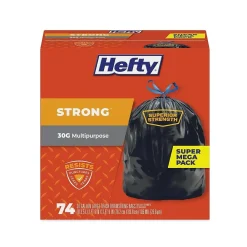 30 Gallon Trash Bag, 30" x 33", Low Density, 1.1 mil, Black, 74 Bags/Box (PCTE85274)<Hefty Outlet