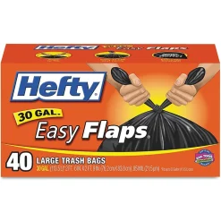 Easy Flaps 30 Gallon Trash Bag, 30" x 33", Low Density, 0.85 mil, Black, 40 Bags/Box, 6 Boxes/Carton (RFPE27744CT)<Hefty Hot