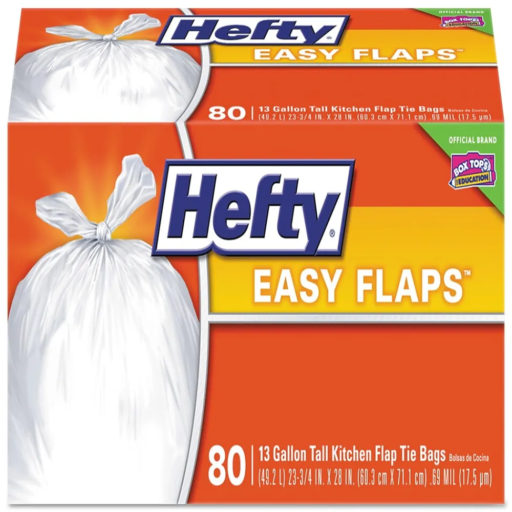 Easy Flaps 13 Gallon Trash Bag, 23.75" x 28", Low Density, 0.69 mil, White, 80 Bags/Box (PCTE84563)<Hefty Online
