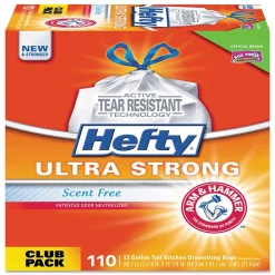 Ultra Strong 13 Gallon Kitchen Trash Bag, 23.75" x 24.88", Low Density, 0.9 mil, White, 110 Bags/Box (PCTE84570)<Hefty Outlet