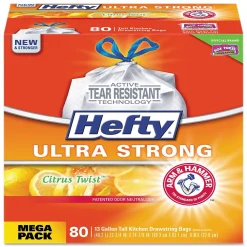 Ultra Strong 13 Gallon Scented Kitchen Trash Bag, 23.75" x 24.88", Low Density, 0.9 mil, Citrus Twist, White, 80 Bags/Box<Hefty Outlet