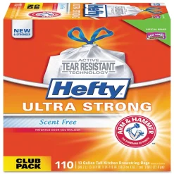 Ultra Strong 13 Gallon Kitchen Trash Bag, 23.75" x 24.88", Low Density, 0.9 mil, White, 110 Bags/Box (PCTE88368CT)<Hefty