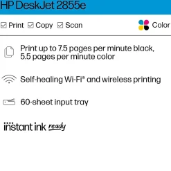 HP DeskJet 2855e Wireless All-in-One Color Inkjet Printer, Scanner, Copier, Best for Home, 3 Months of Ink Included (588S5A)