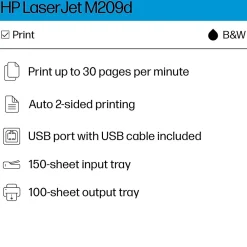 HP LaserJet M209d Black & White Laser Printer, Automatic 2-Sided Printing, USB cable included, Best for Home Office (8J9L0F)