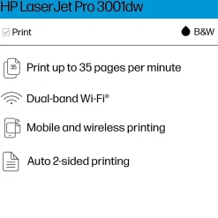 HP LaserJet Pro LJP 3001dw Wireless Black & White Laser Printer, Single-Function, Print, Best for Office (3G65OF)