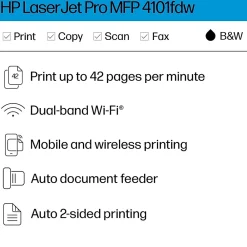 HP LaserJet Pro MFP 4101fdw Wireless Black & White Laser Printer, All-In-One, Print, Scan, Copy, Fax, Best for Office (2Z619F)
