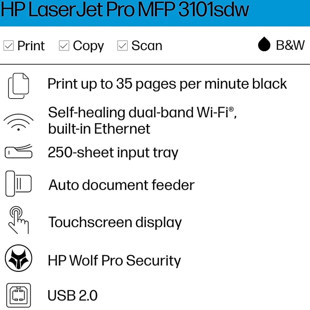 HP LaserJet Pro MFP 3101sdw Wireless Black & White All-in-One Laser Printer, Scanner, Copier, Best for Office (9D2X4F)