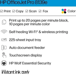 HP OfficeJet Pro 8139e Wireless Color Inkjet Printer, All-In-One, Print, Scan, Copy, Fax (40Q51A#B1H)