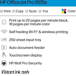 HP OfficeJet Pro 9125e Wireless Color Inkjet Printer, All-In-One, Print, Scan, Copy, Fax (403X0A#B1H)