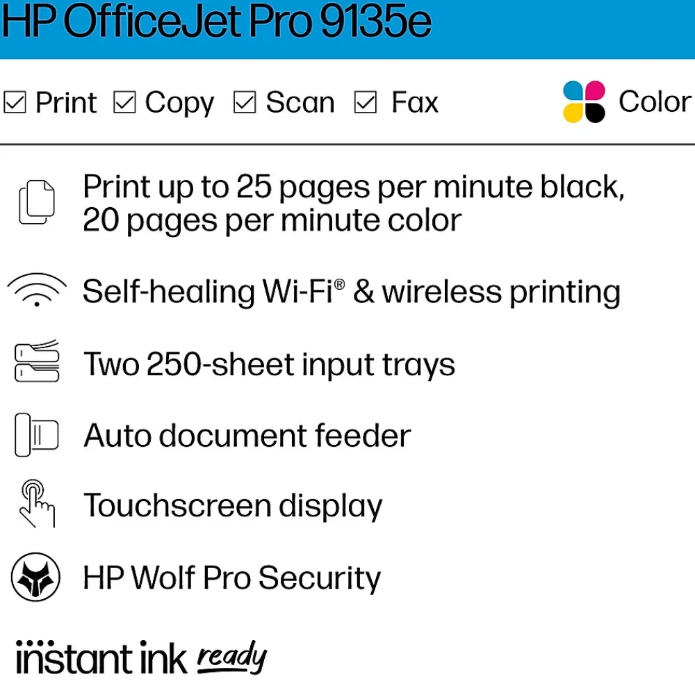 HP OfficeJet Pro 9135e Wireless Color Inkjet Printer, All-In-One, Print, Scan, Copy, Fax, 3 Months FREE INK with + (404M0A)