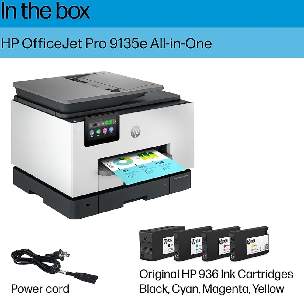 HP OfficeJet Pro 9135e Wireless Color Inkjet Printer, All-In-One, Print, Scan, Copy, Fax, 3 Months FREE INK with + (404M0A)