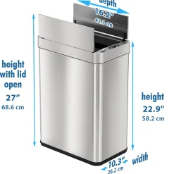 Stainless Steel Wings Open Lid Sensor Trash Can with AbsorbX Odor Control, Silver, 13 gal. (WS13RSL)<iTouchless Outlet