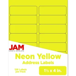 Discount JAM Paper Address Labels, 1 1/3" x 4", Neon , 14 Labels/Sheet, 9 Sheets/Pack (359329614) Yellow