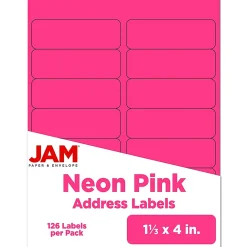 New JAM Paper Address Labels, 1 1/3" x 4", , 14 Labels/Sheet, 9 Sheets/Pack (359329612) Neon Pink