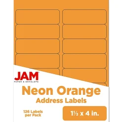 New JAM Paper Address Labels, 1 1/3" x 4", , 14 Labels/Sheet, 9 Sheets/Pack (359329611) Neon Orange